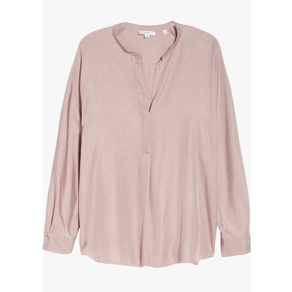 Vince Pink Silk Satin Band-Collar Long‎ Sleeve Blouse Size Large NWT